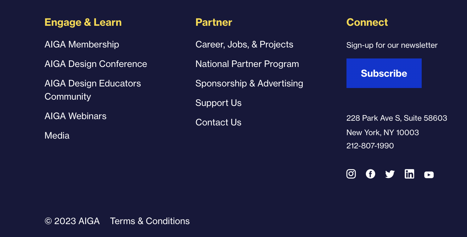 screenshot of subscription link in footer aiga website