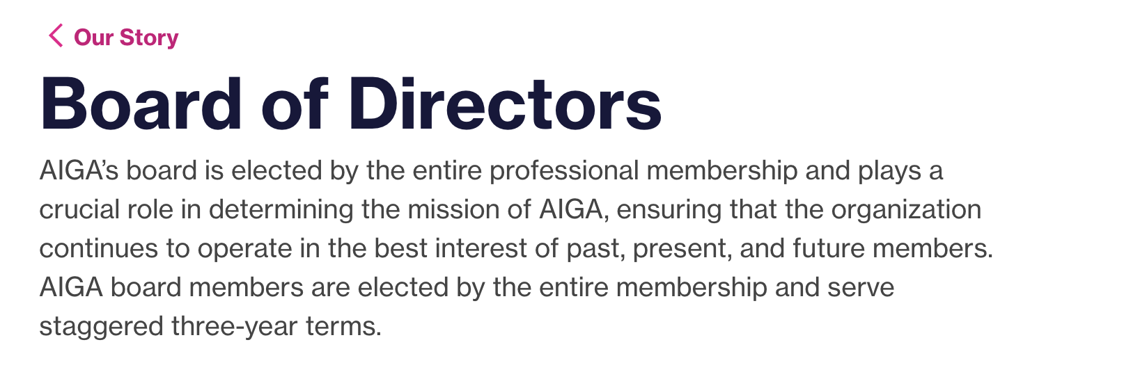 screenshot of board of director text on aiga website