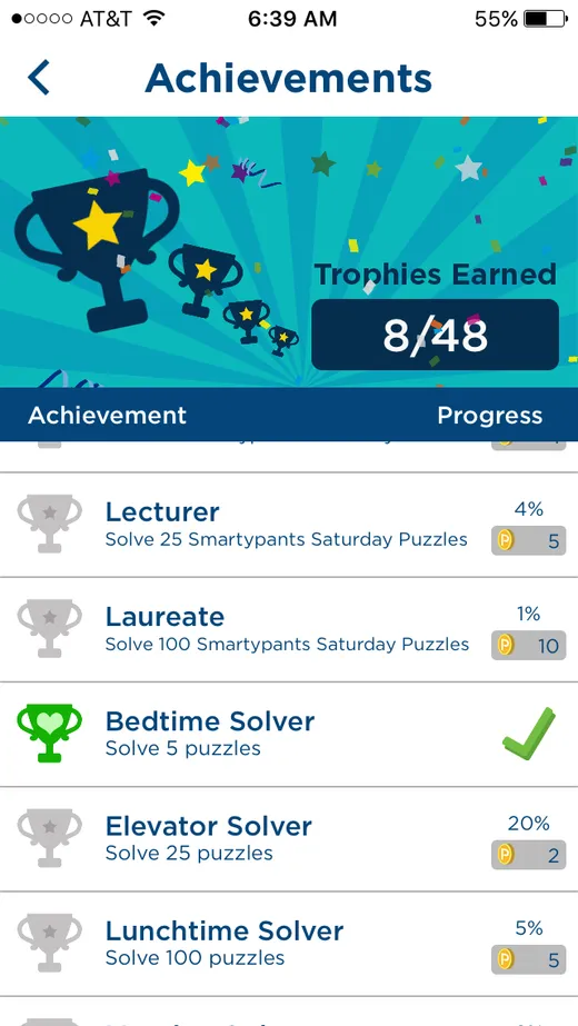 Crossword puzzle game achievements