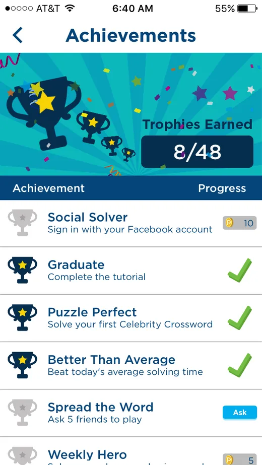 Crossword puzzle game achievements