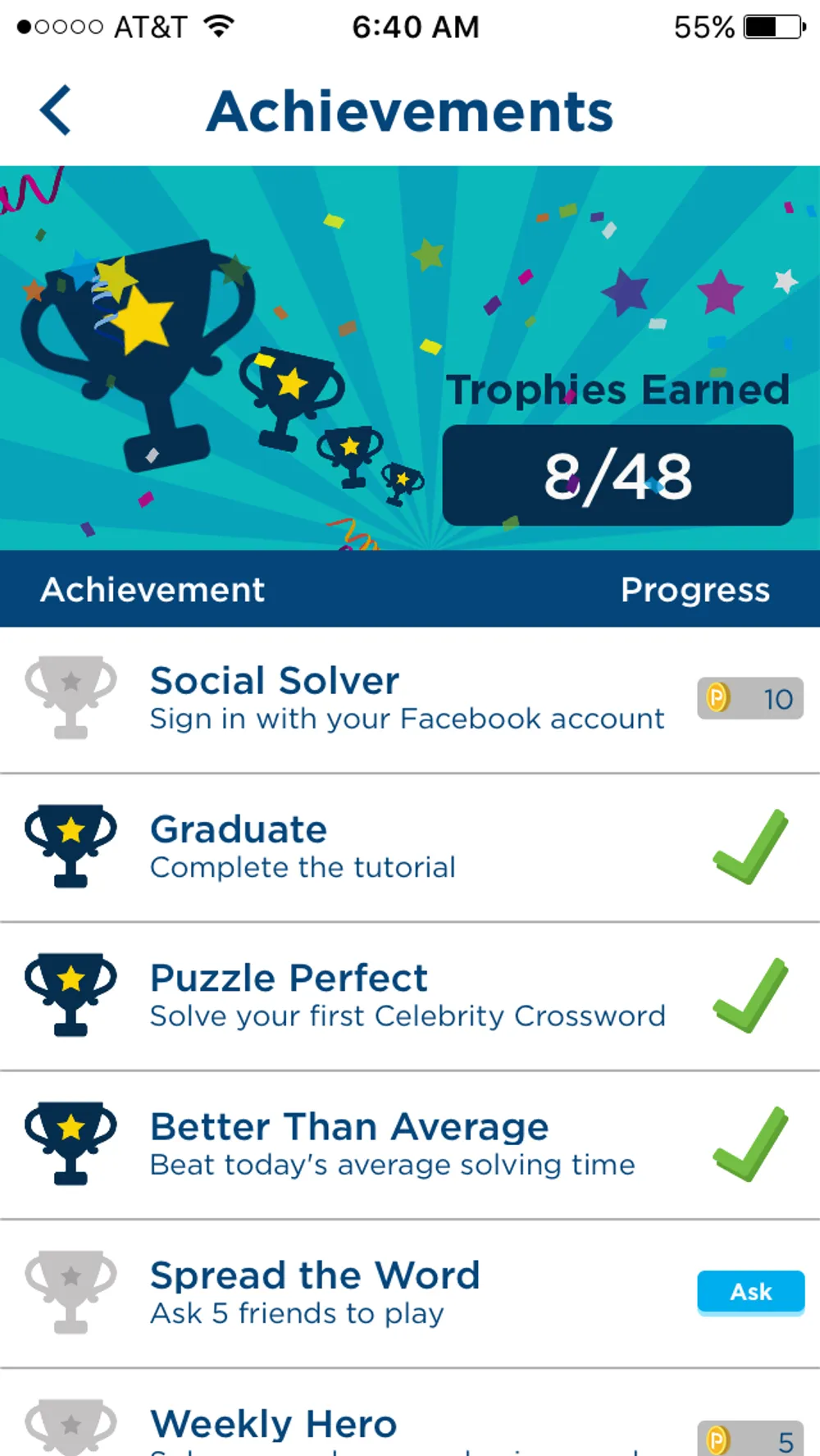 Crossword puzzle game achievements