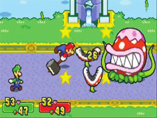 A battle against the boss Mom Piranha in the game Mario & Luigi: Superstar Saga
