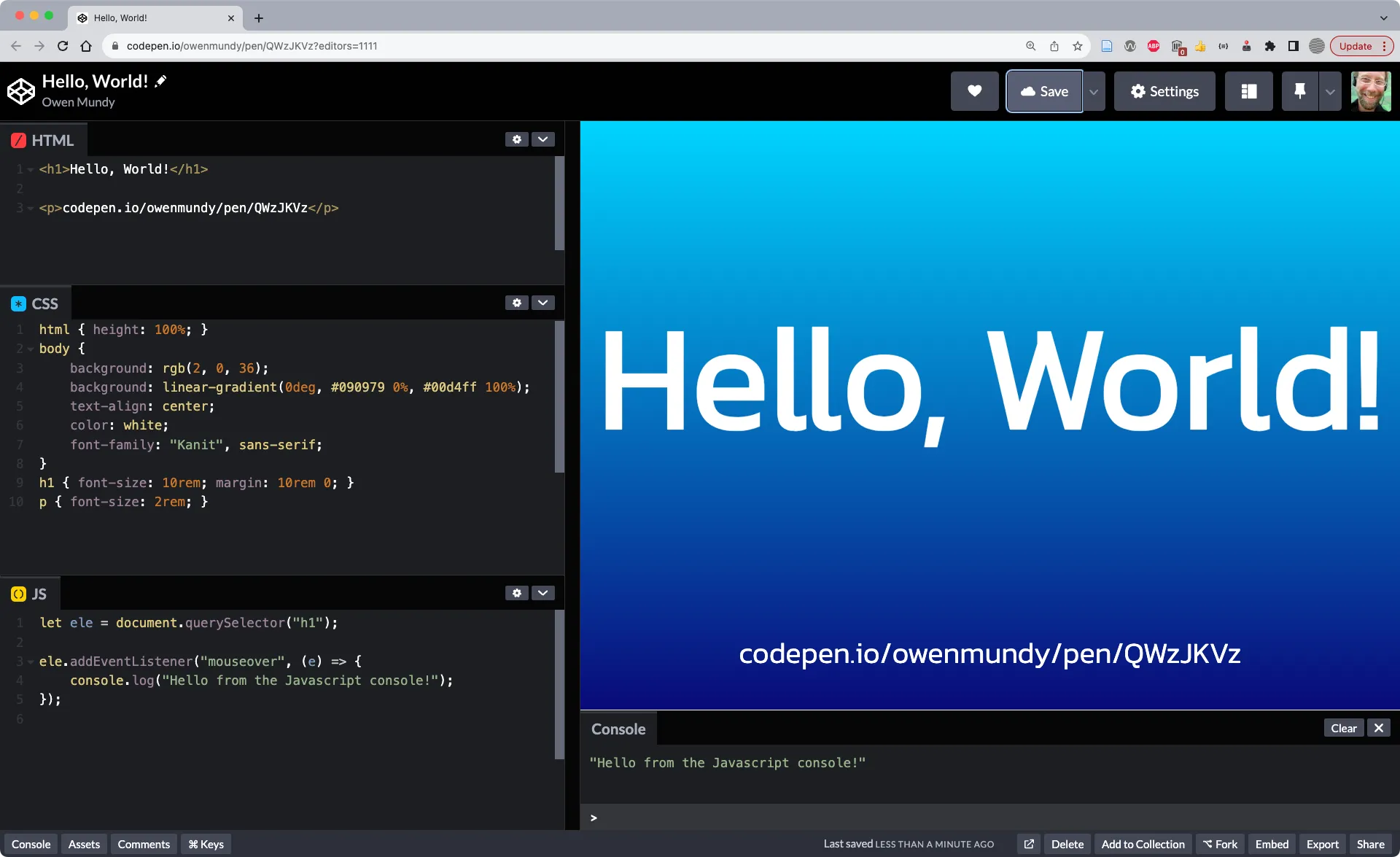 HTML, CSS, and Javascript in a new codepen.