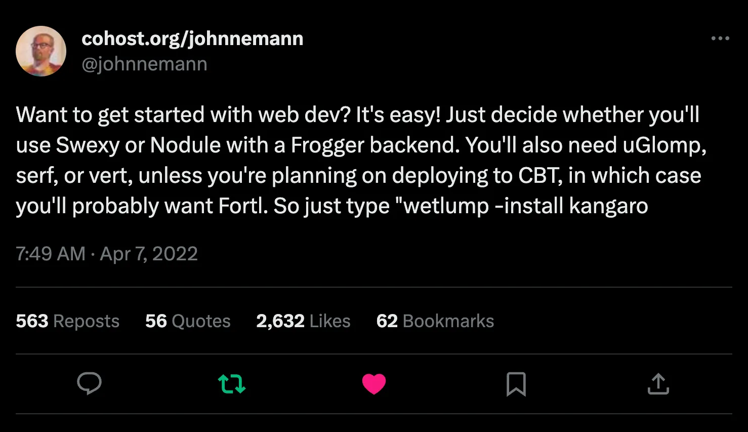 A twitter post naming several essential but fake web development tools
