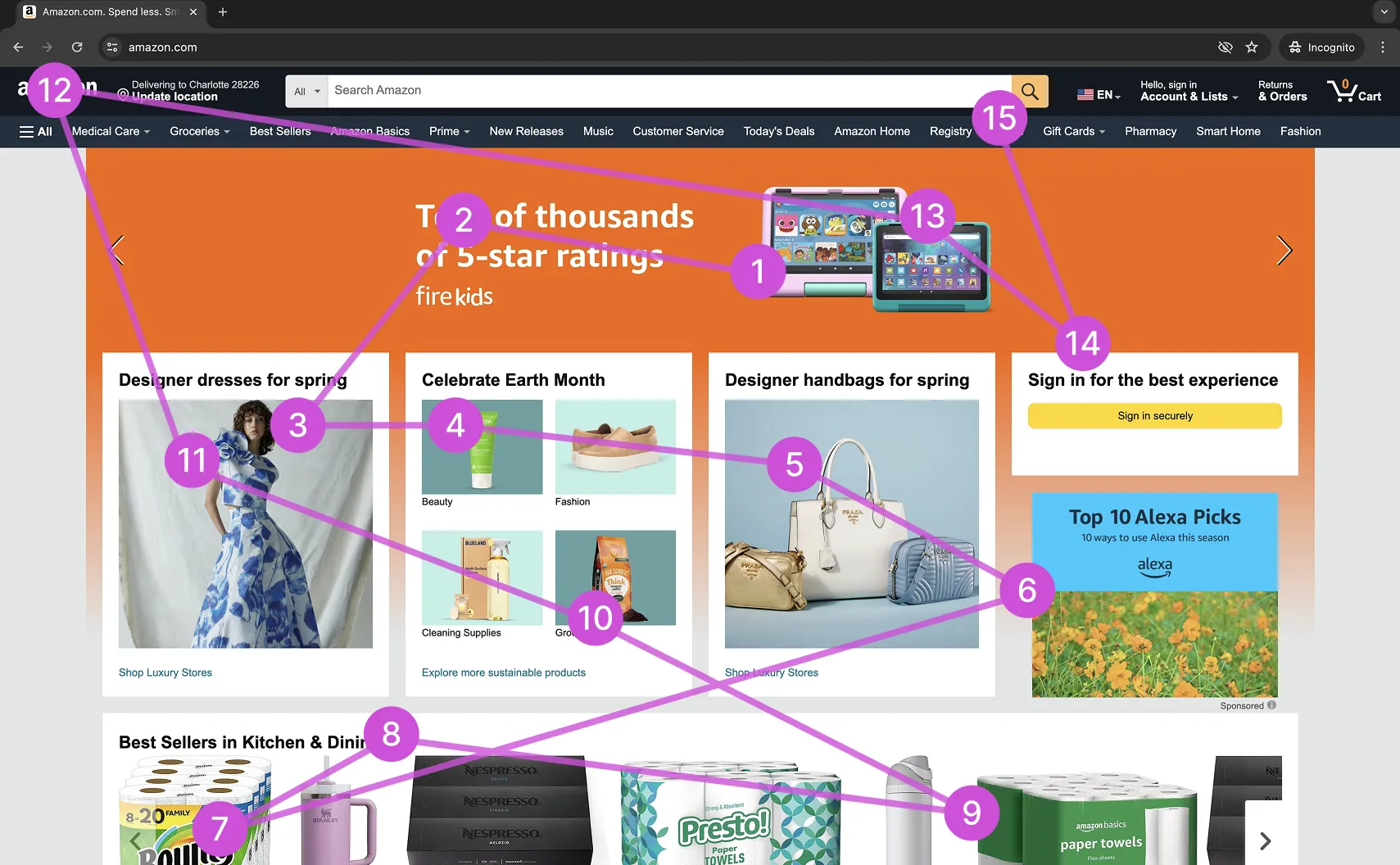 Webpage showing the focus of the user's eyes as they move around the page