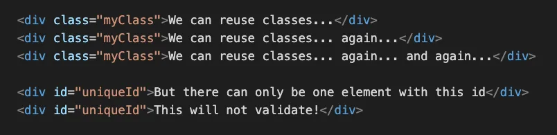 CSS classes can be reused in HTML, however IDs can only be used once.