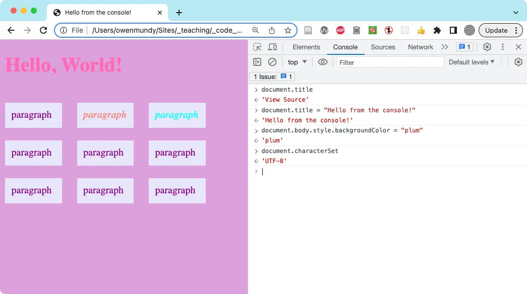 A screenshot showing how to run Javascript in the Console prompt.