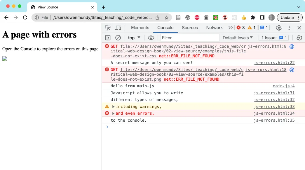 A screenshot of the Console showing messages, warnings, and errors.