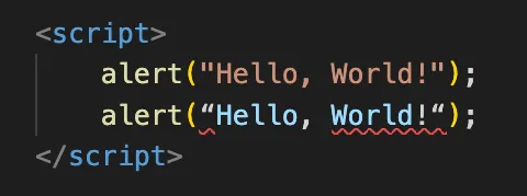A screenshot showing code with a syntax error due to the use of smart quotes in VS Code.