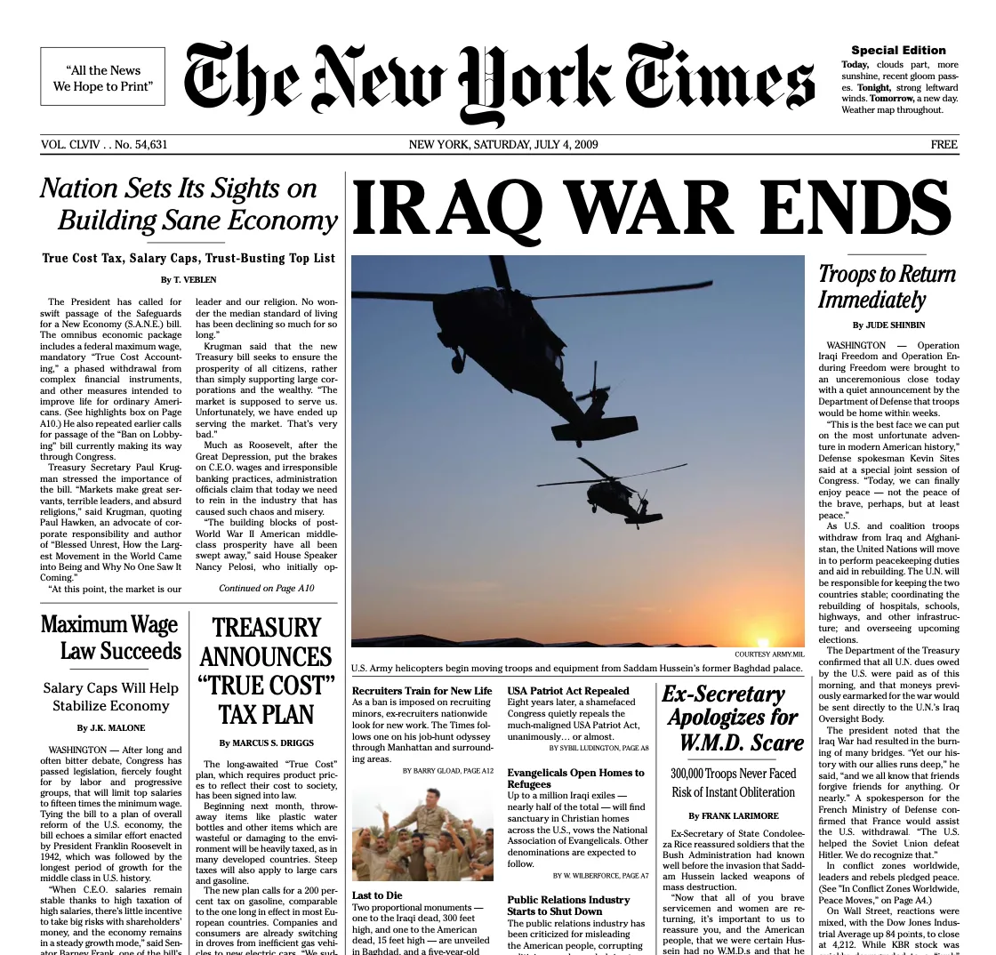 The fake New York Times cover page by The Yes Men and others