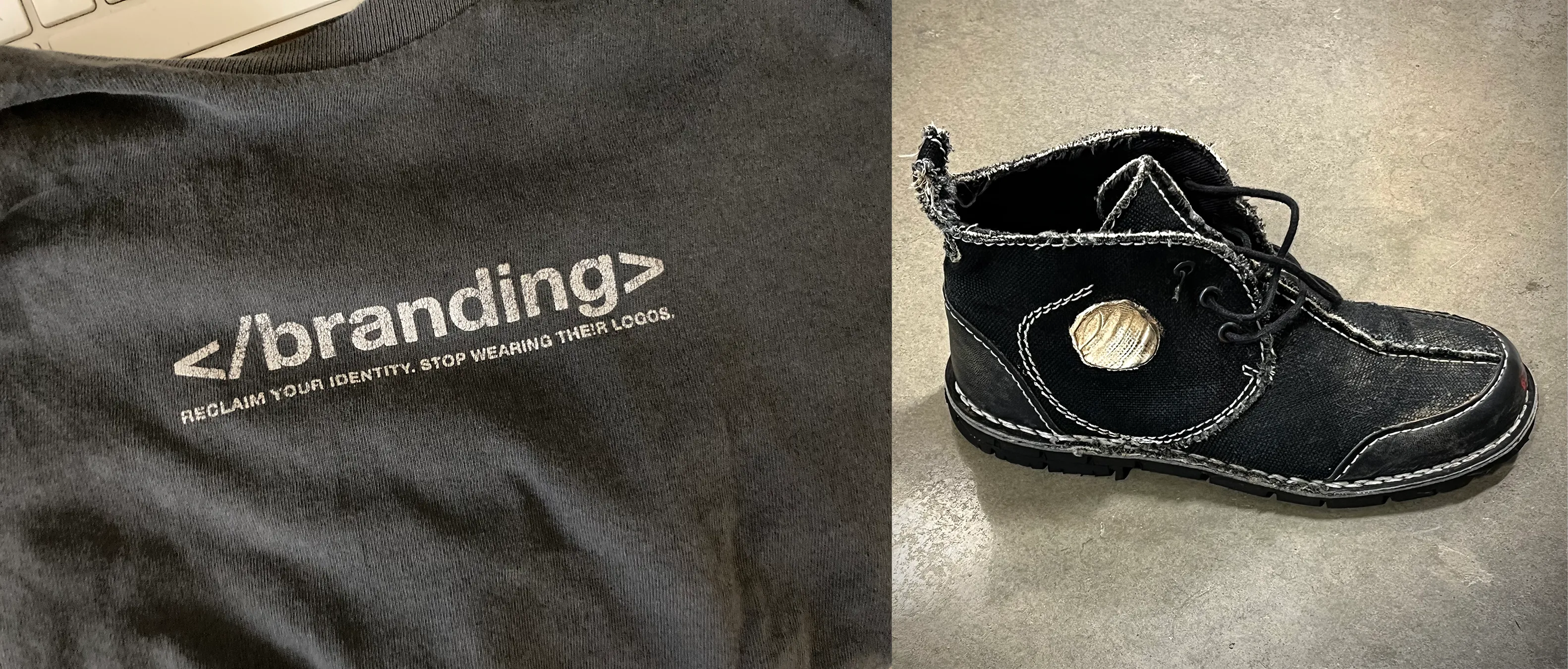 A t-shirt with the word “branding” in HTML close tag syntax next to a dark canvas-style shoe with a white circle where the brand’s logo would typically appear.