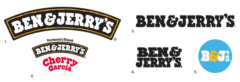 Graphic showing examples of Ben & Jerry's logo, wordmark, and other graphics.