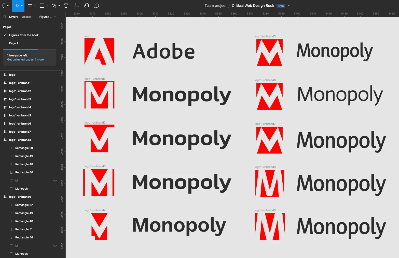 Design iterations showing Owen's subversion of the Adobe logo