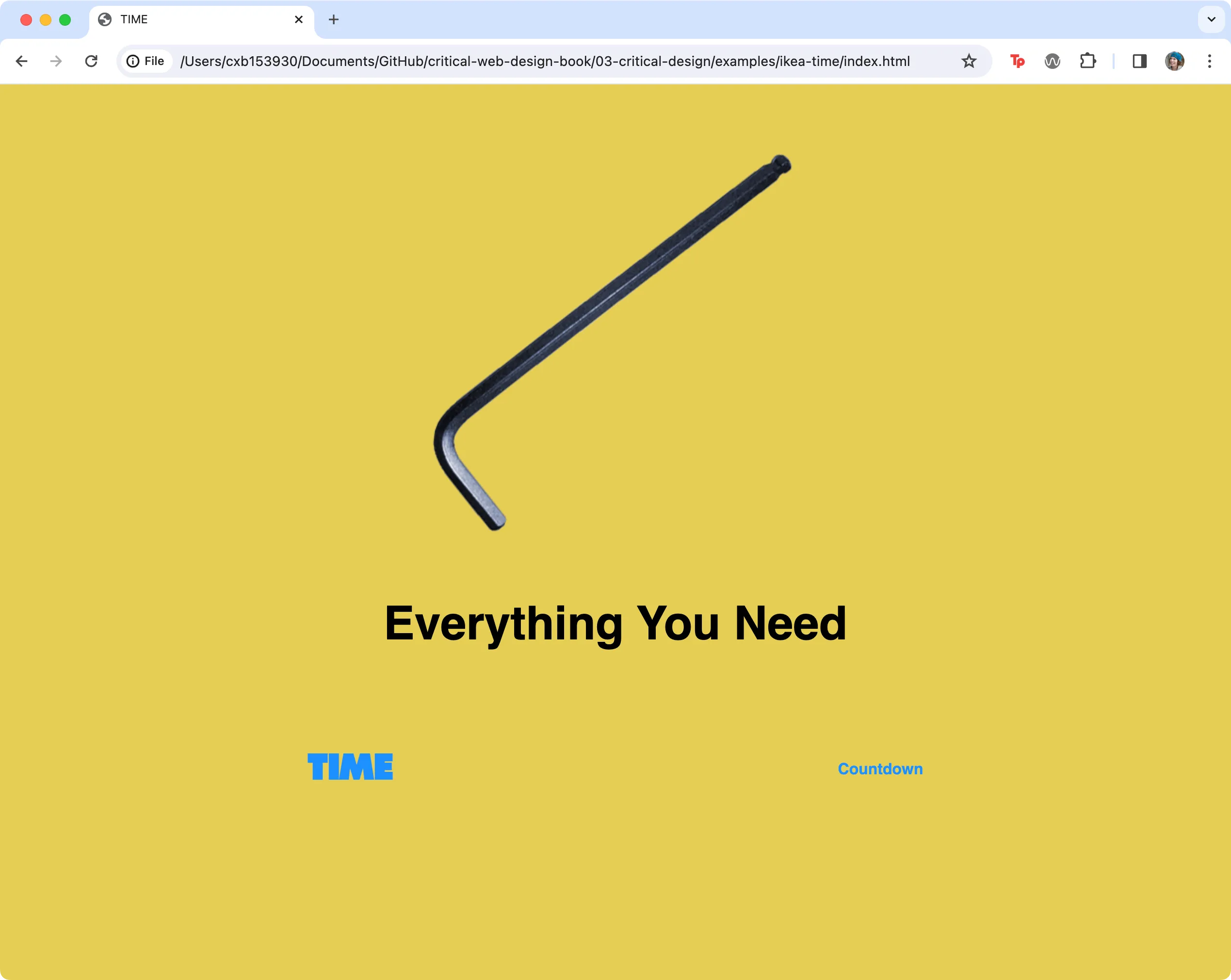Screenshot showing the wrench centered in the browser with the tagline, “Everything You Need” below it and two blue links. 