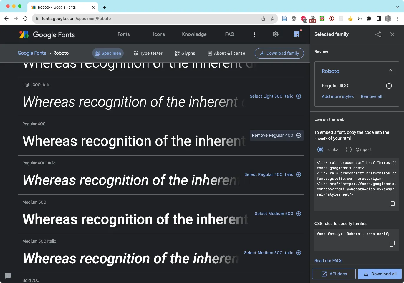Screenshot of the Google Fonts web page.