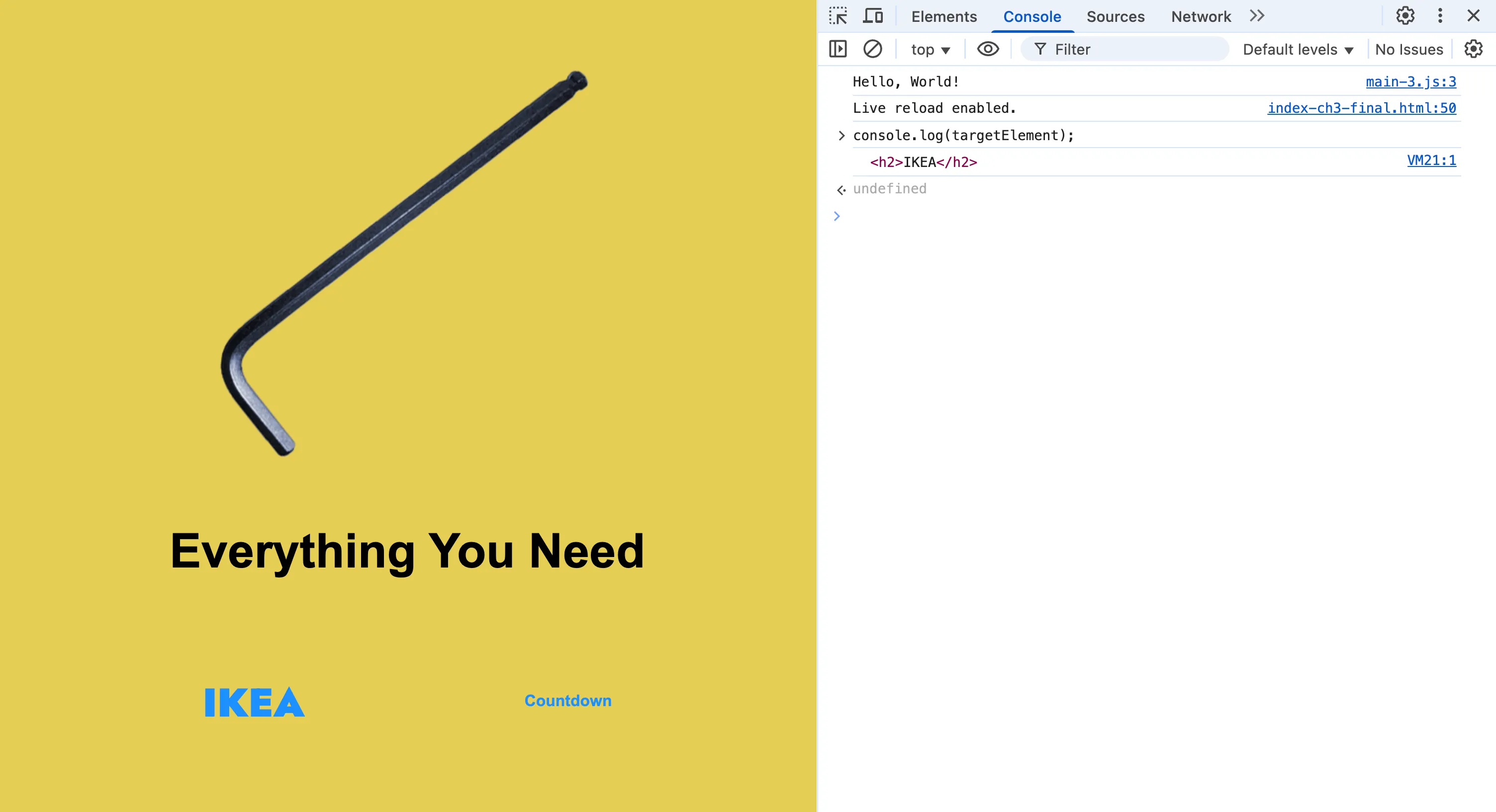 Screenshot of DevTools highlighting a target element when the mouse is hovering over the line in the Console.