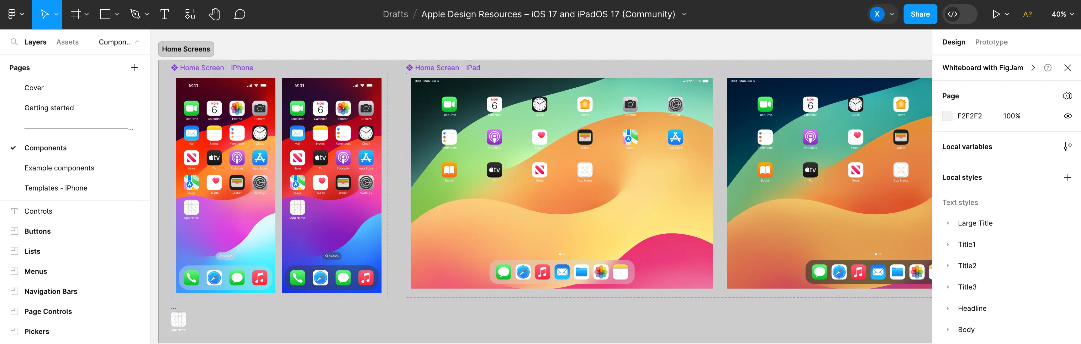 A screenshot of Apple's design template for iOS 17 published on Figma