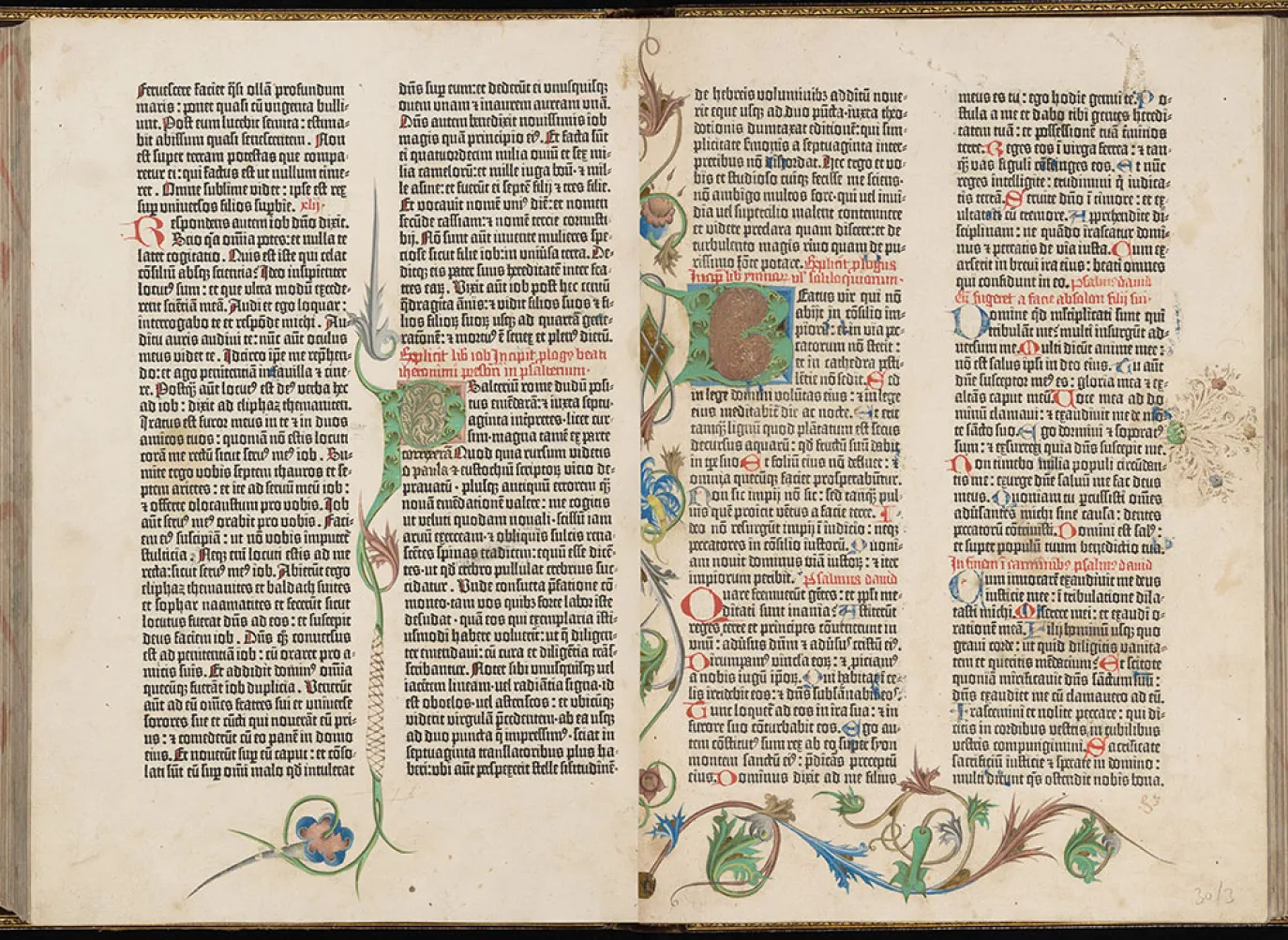 A four-column spread across two pages with illustrative flourishes in the gutter and margins on parchment.
