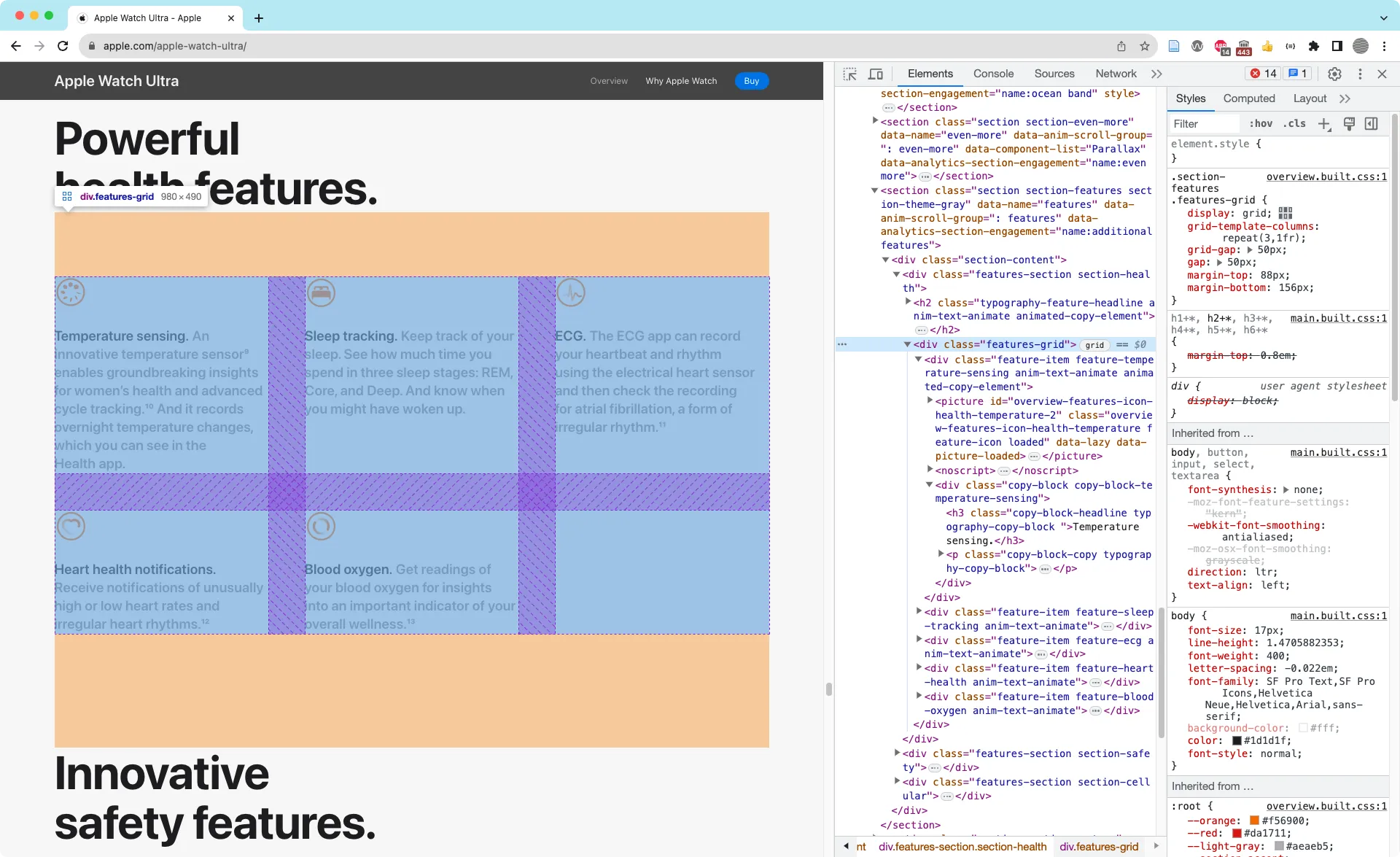 DevTools revealing the underlying grid of HTML elements in the Apple Watch Ultra page.