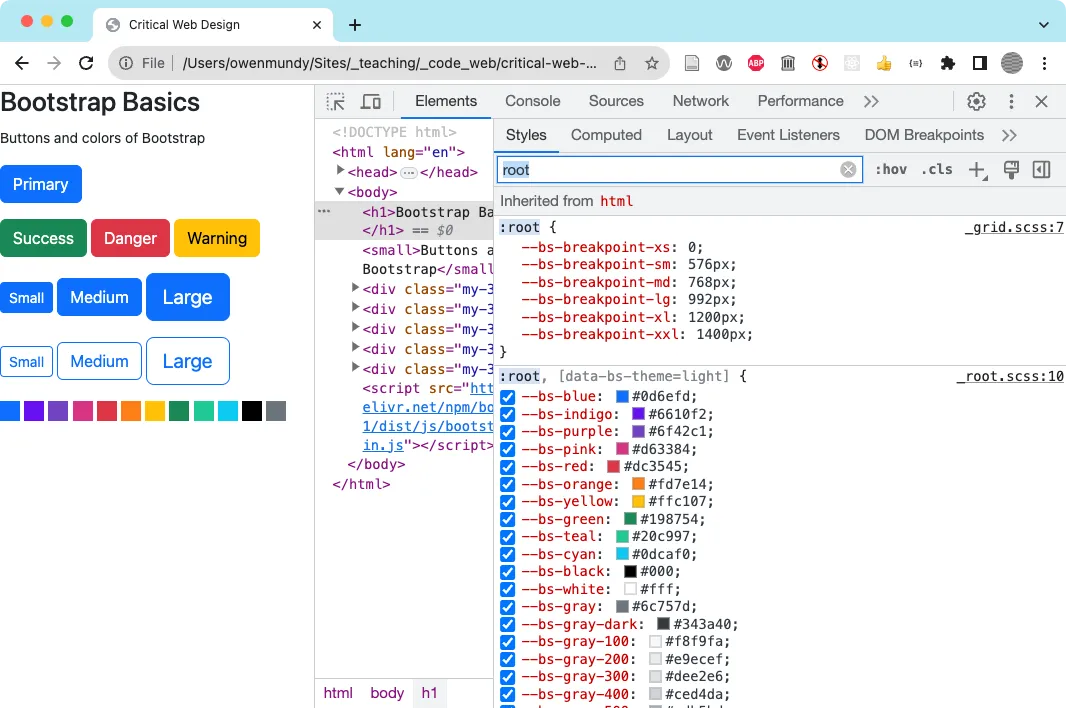 Using the styles tab in DevTools to inspect the CSS classes that Bootstrap adds