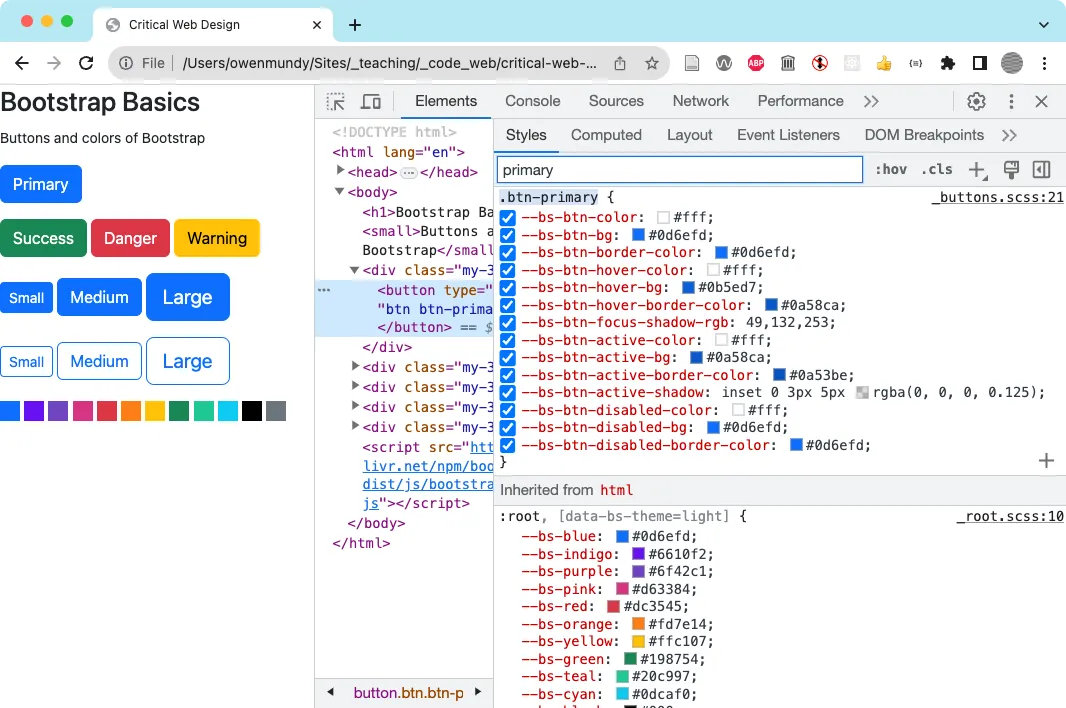Use DevTools to see Bootstrap's btn-primary class custom properties