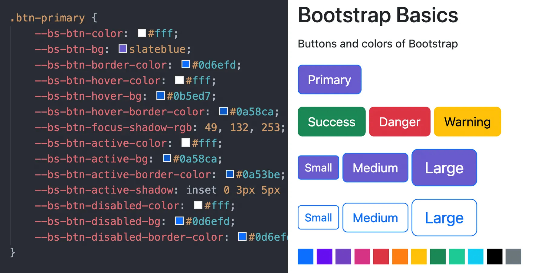 The code and results from updating the background color of btn-primary.