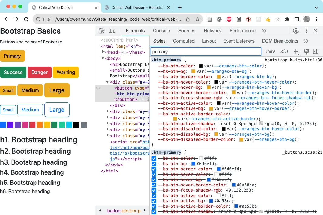 A screenshot of DevTools with custom properties in place.