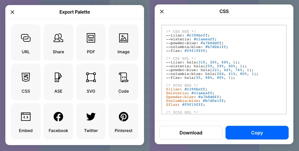Coolors.co export options and CSS formats