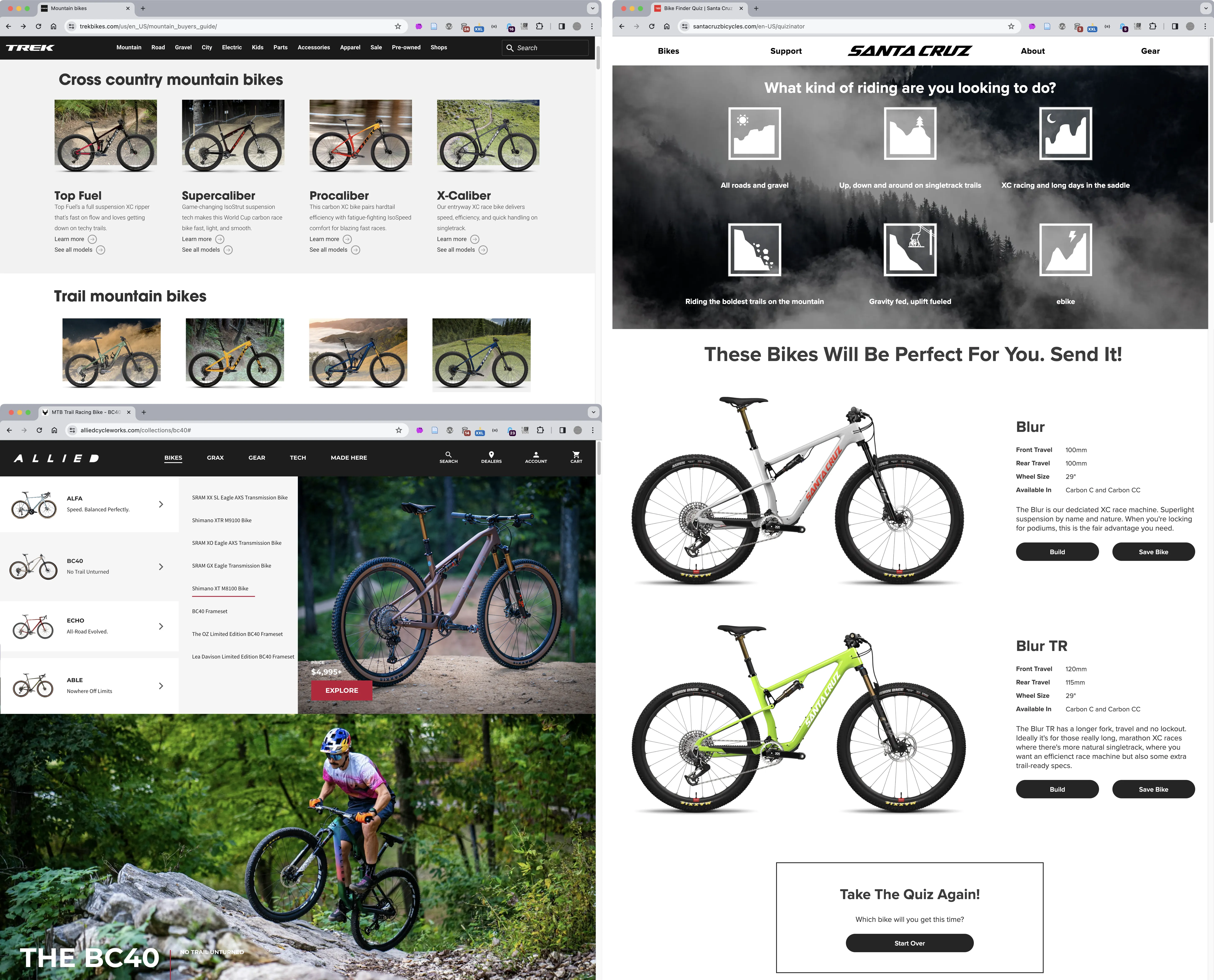 A competition scan showing bike manufacturers' solutions for showing different types of bikes.