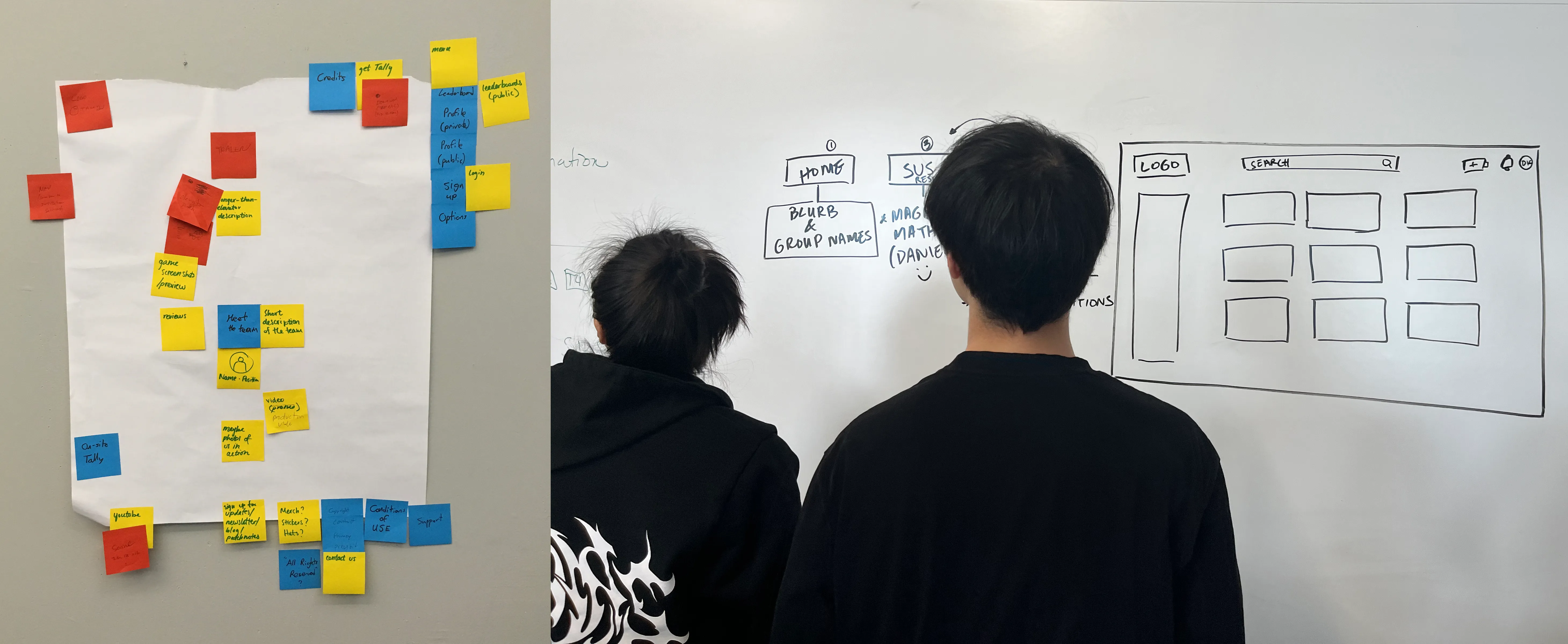 A large sheet of white paper contains many square post-it notes in red, yellow, and blue to define different parts of a website’s architecture.
