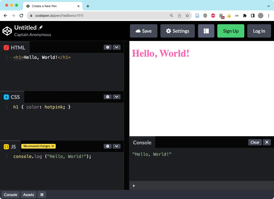 Screenshot of codepen with added HTML, CSS, and Javascript.