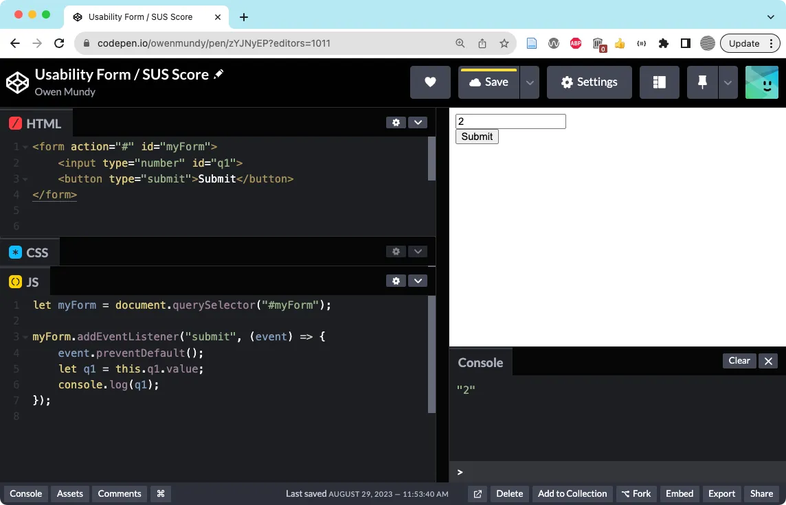 Screenshot of Codepen.io with HTML and JS