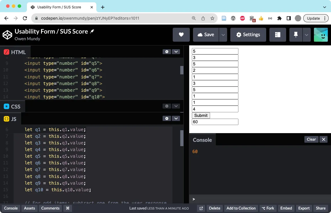 The finished SUS form prototype.