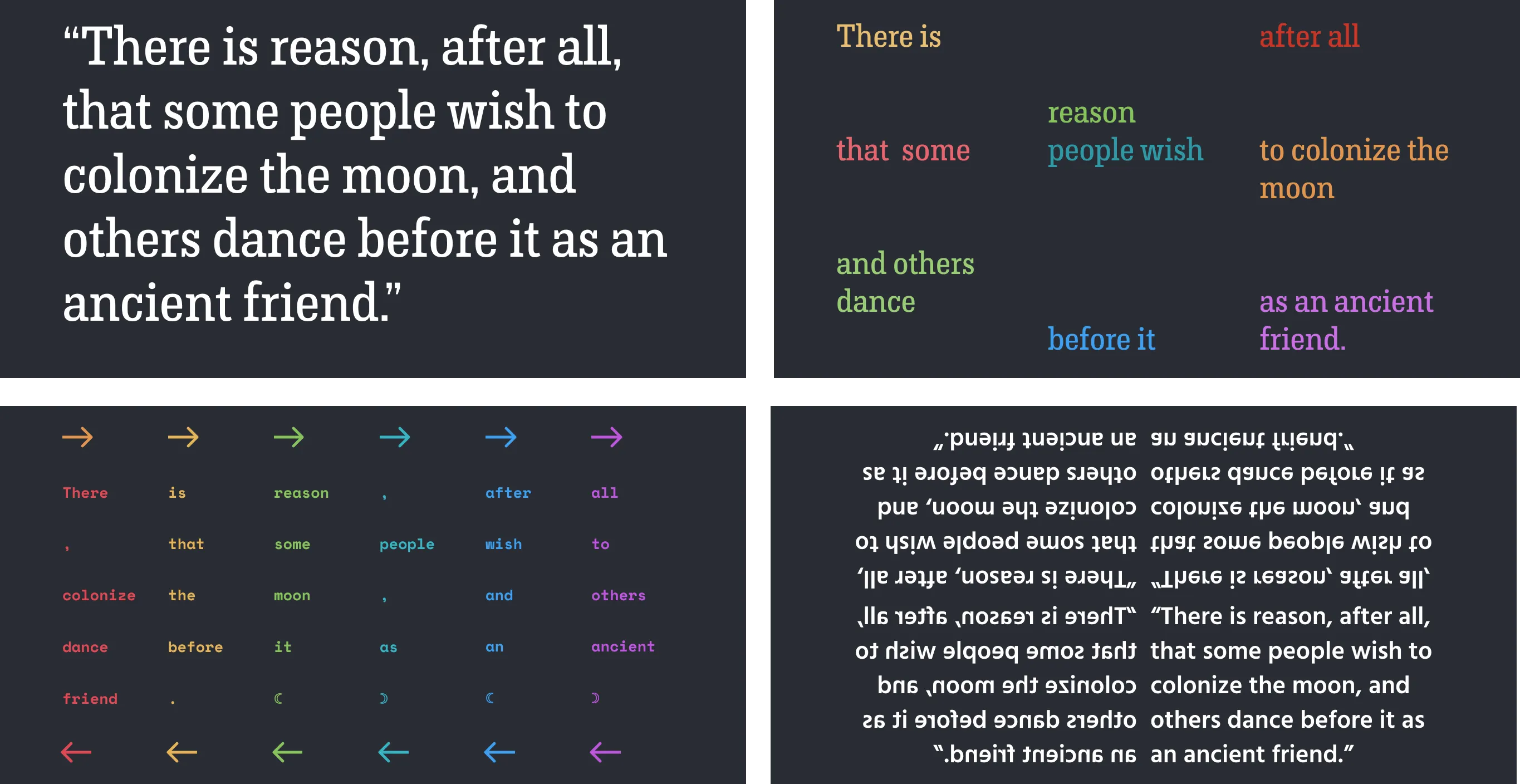 Four layouts using a quote, "There is reason, after all, that some people wish to colonize the moon, and others dance before it as an ancient friend.", by ​​James Baldwin