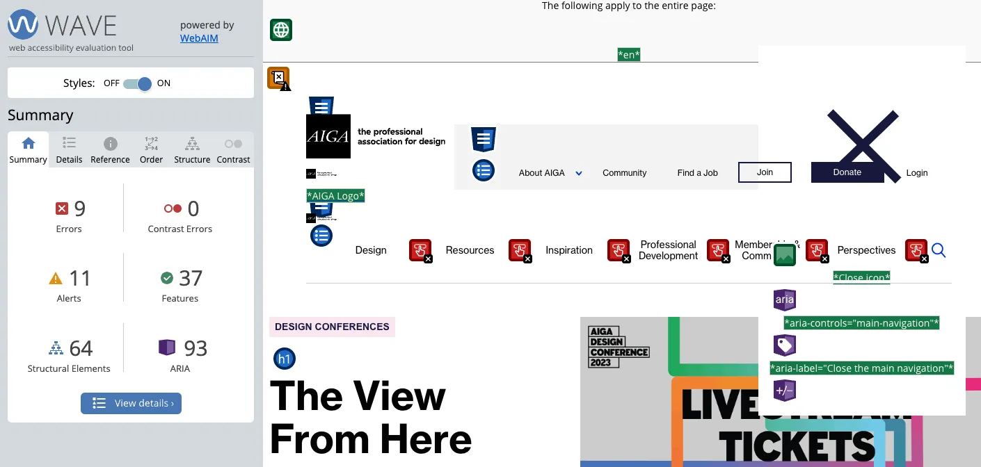 A screenshot of WAVE in action, providing a summary for the AIGA Our Story page.