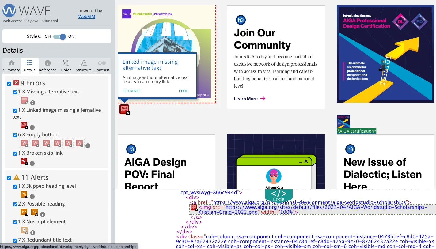 A screenshot of WAVE focusing on missing alternative text.