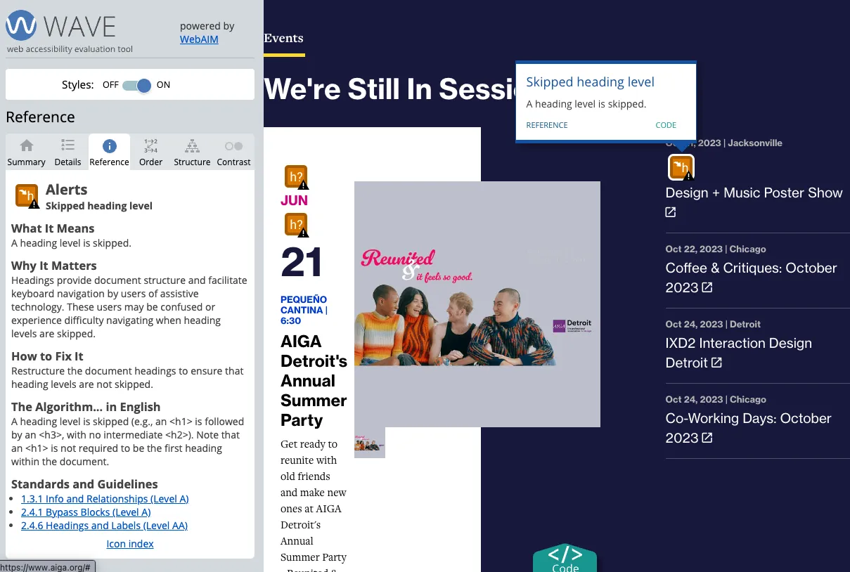 A screenshot of the WAVE tool displaying a skipped heading level alert.