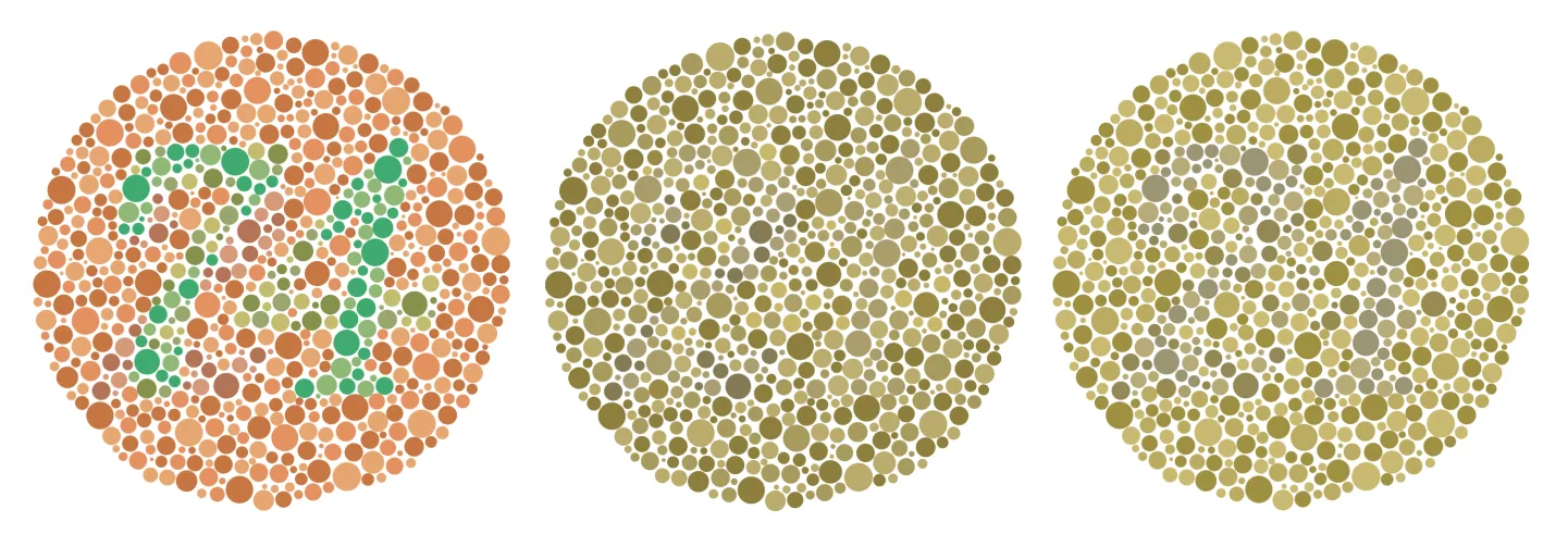 In red-green color blindness the users cannot distinguish the green dots in the center of the circle that make a "74".
