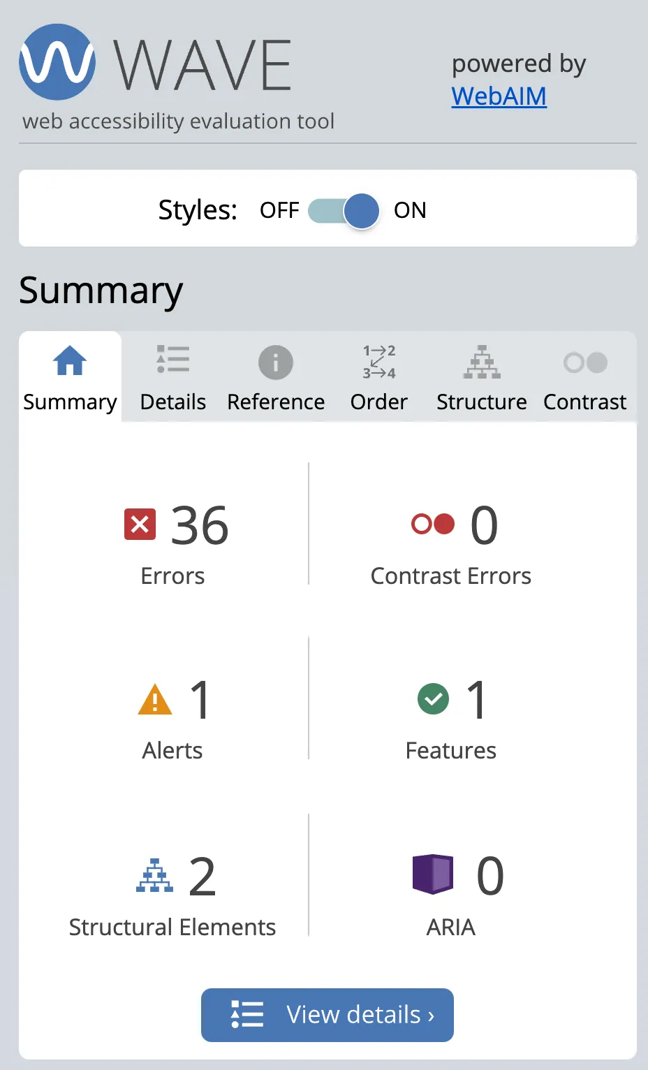 Screenshot of the WAVE tool summary for our current page design. 