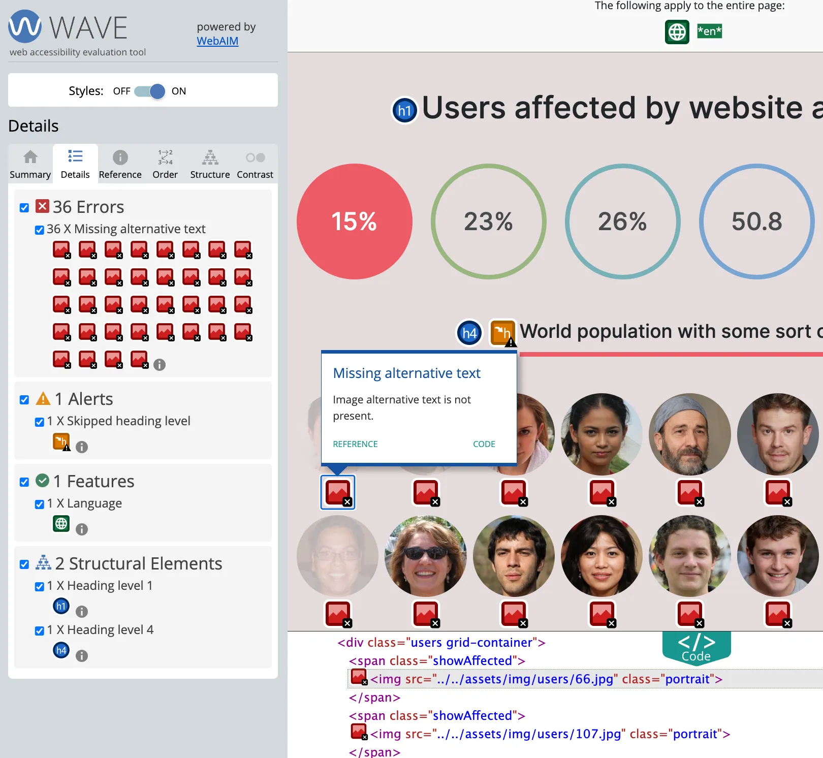 Screenshot of the WAVE errors.