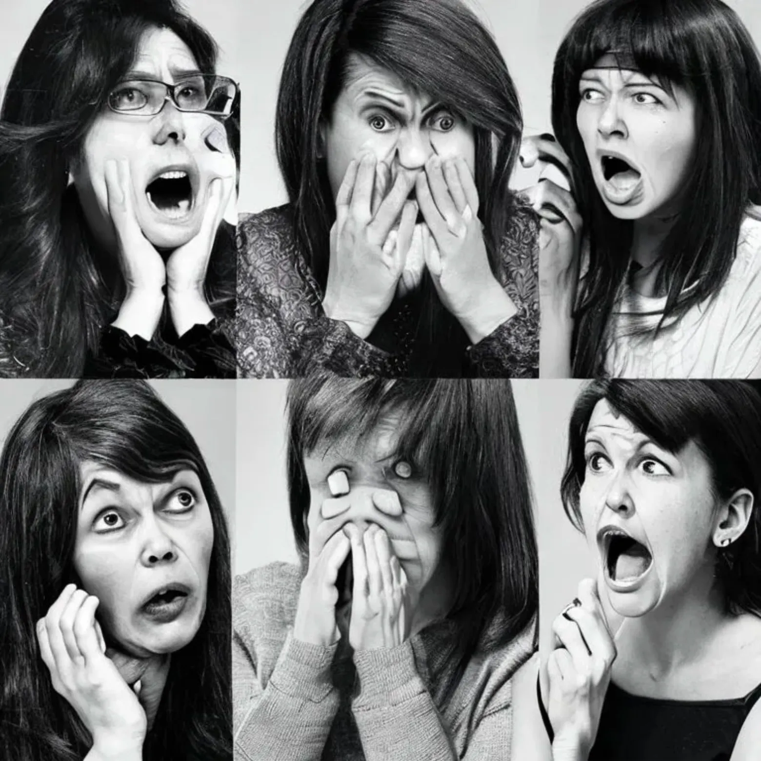 Six portraits of women with distressed and contorted faces expressing the concept of hysteria.
