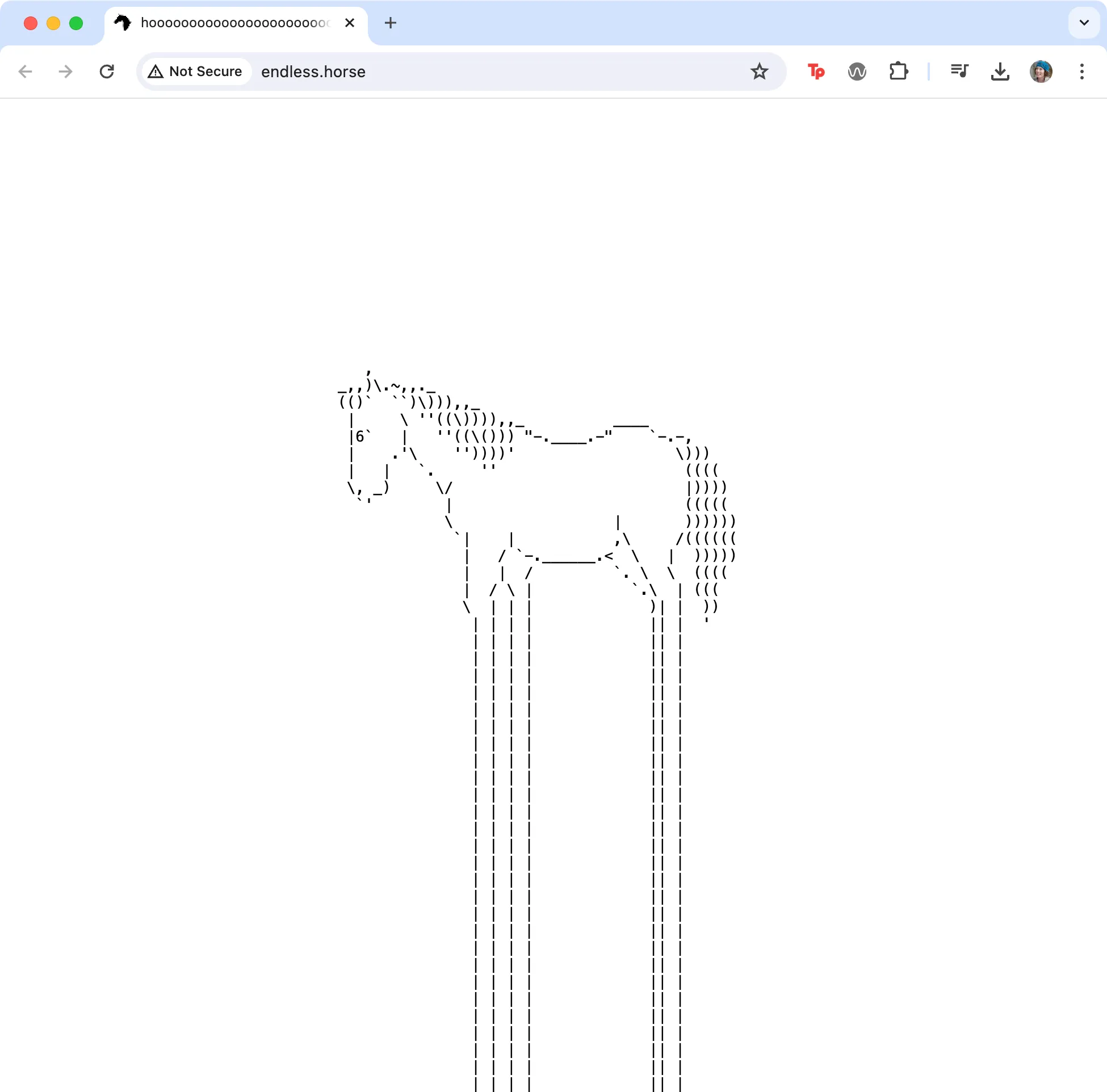 ASCI art fills a browser with a horse with long legs