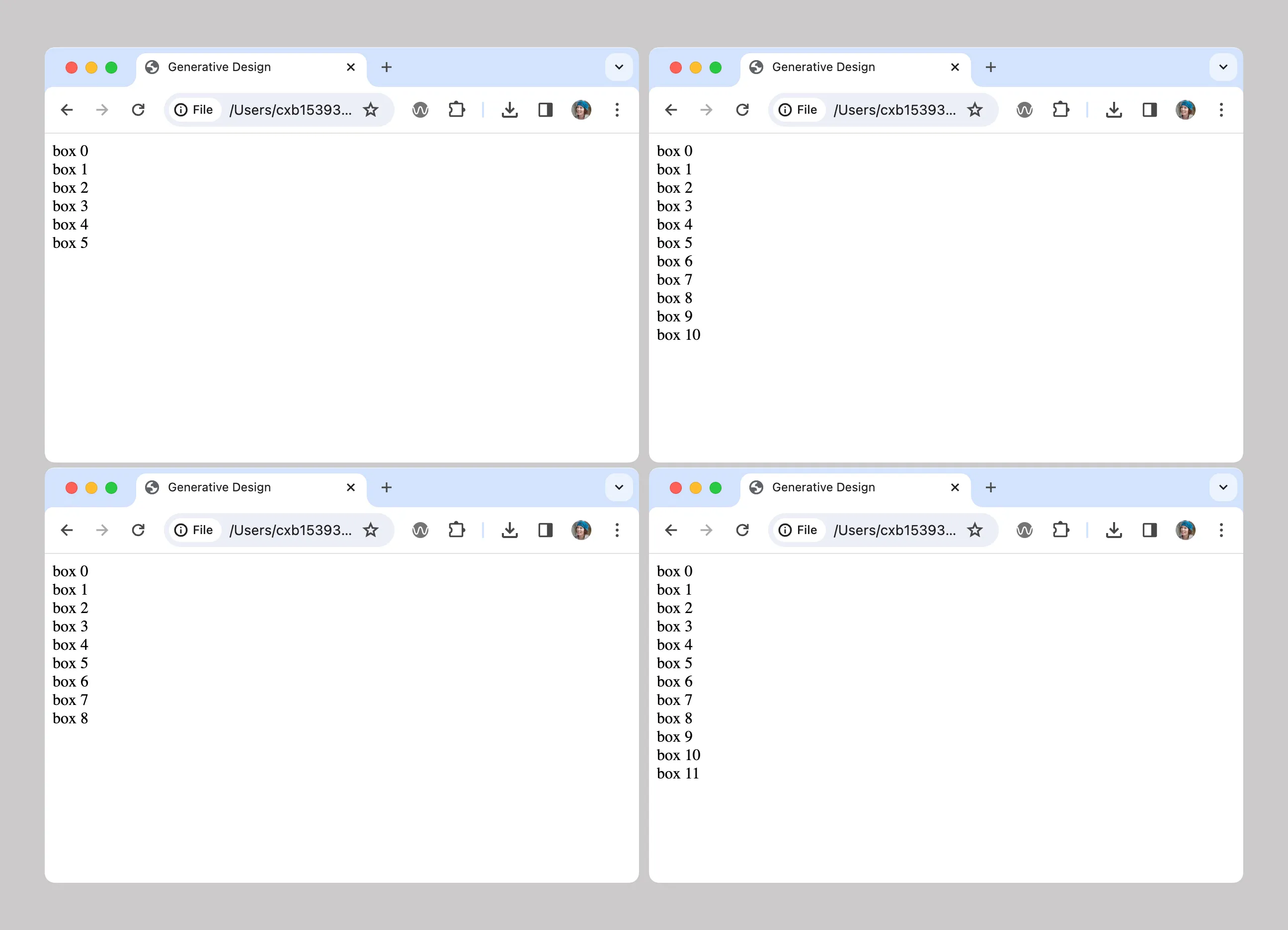 Four screenshots showing random numbers of boxes.