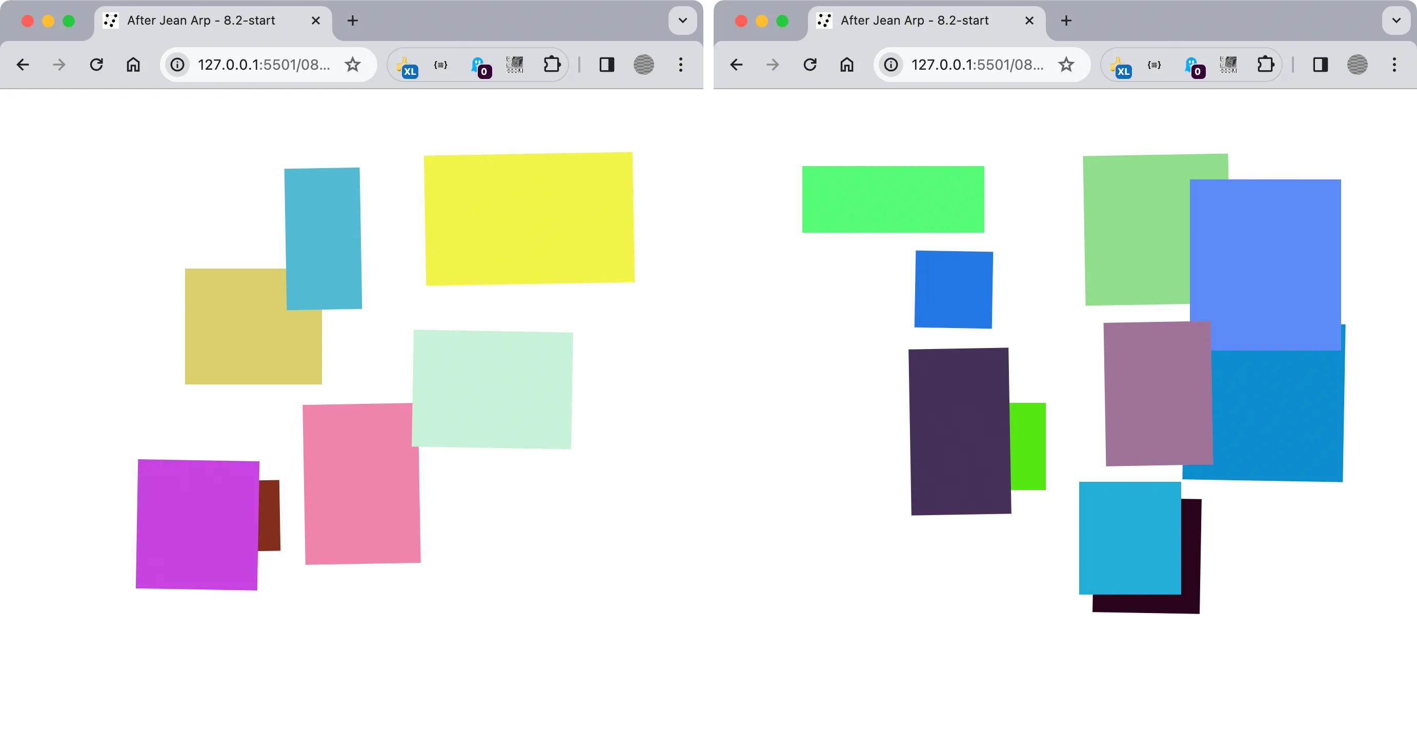 Side-by-side screenshots showing a random number of polygons filled with a variety of colors.