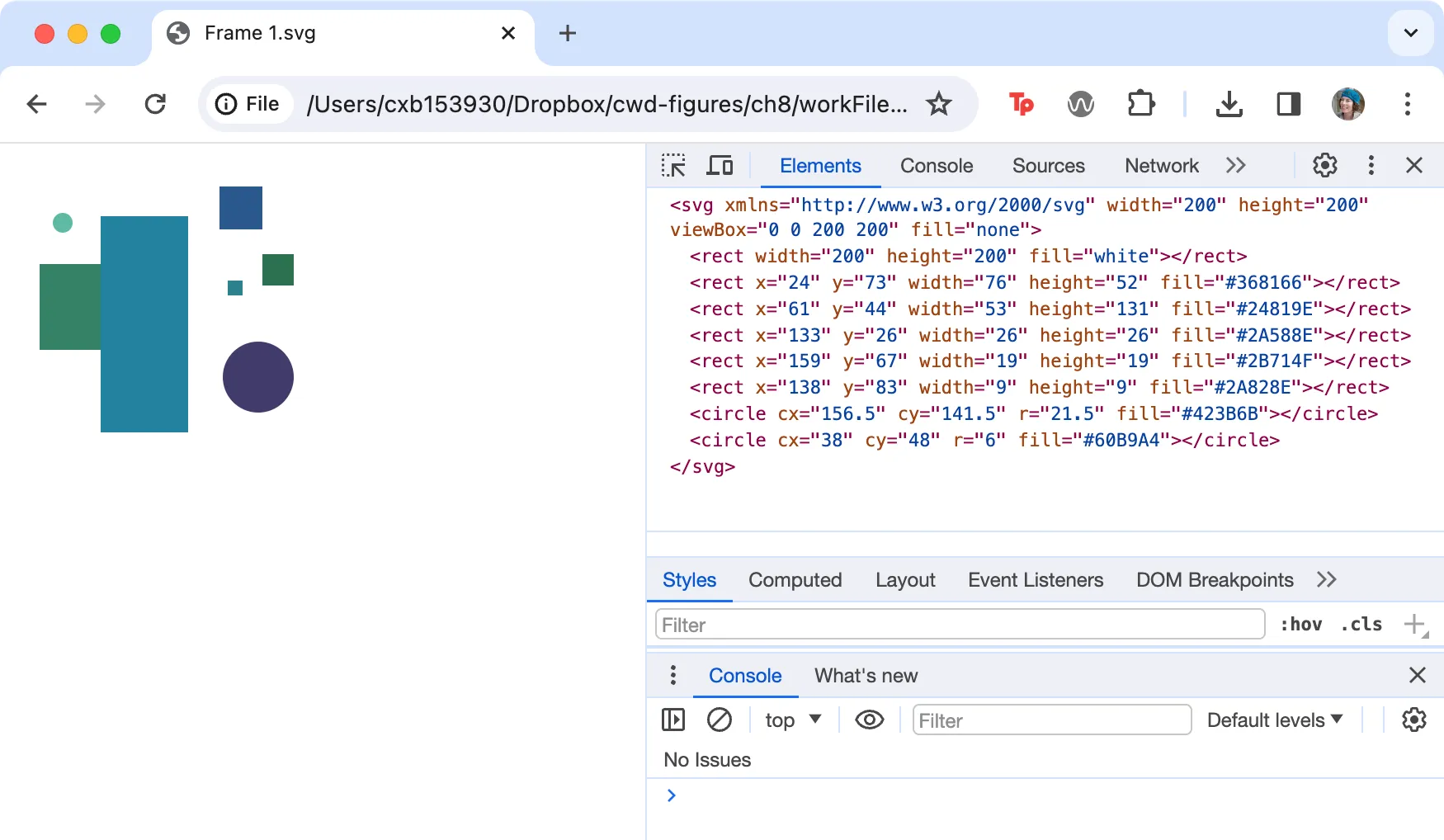 Screenshot of an SVG in Chrome with DevTools showing its code.