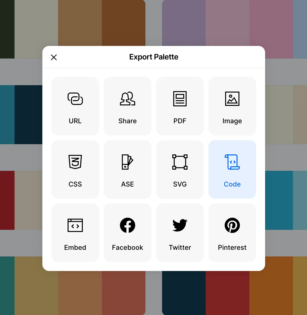 Screenshot of the export interface on coolors.co. 