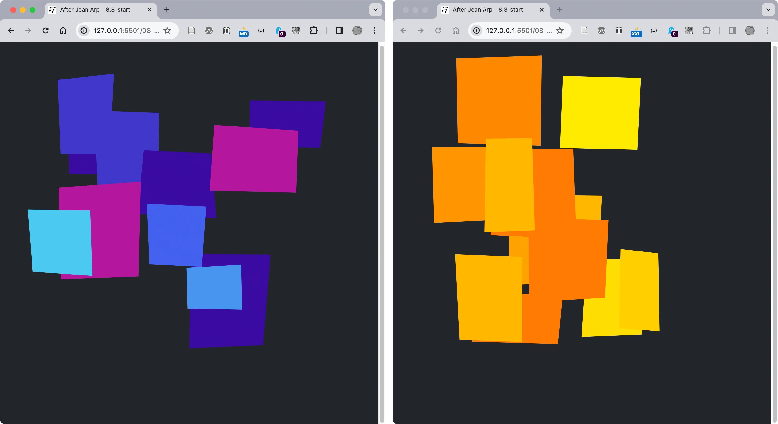 Side-by-side screenshots of the project expressed with two color palettes: blue and purple hues on the left and orange and yellow hues on the right.