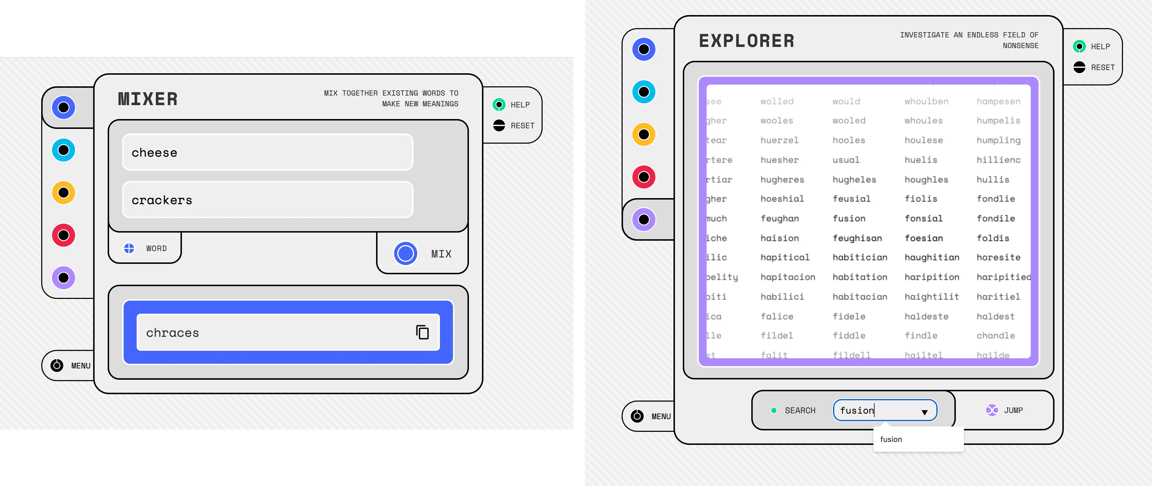 Two screenshots of Parrish’s The Nonsense Laboratory displays the Mixer and Explorer portions of the Laboratory’s interface. 