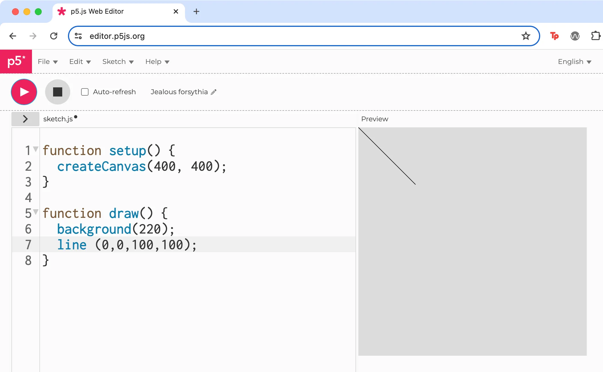 Screenshot of the P5.js editor showing a black line drawn from the top left corner towards the middle of the canvas.
