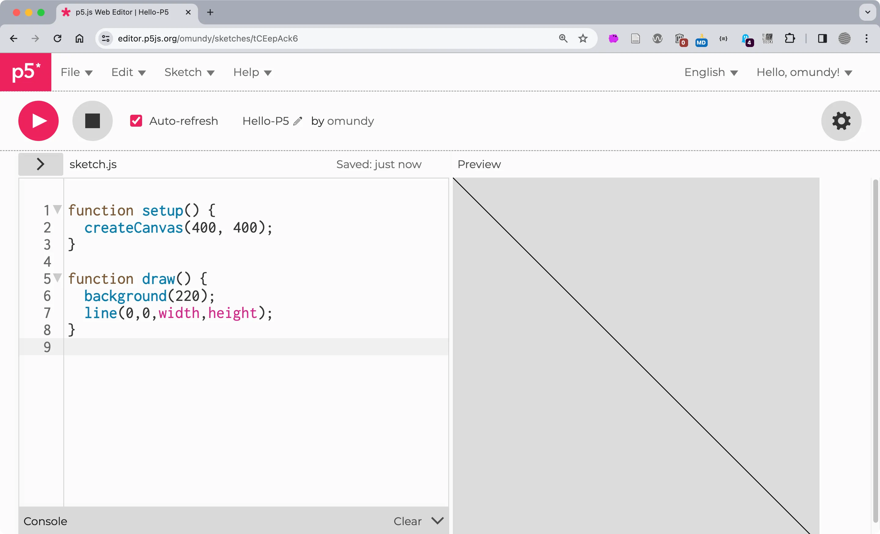 Screenshot of the p5.js editor using width and height variables in the line function.